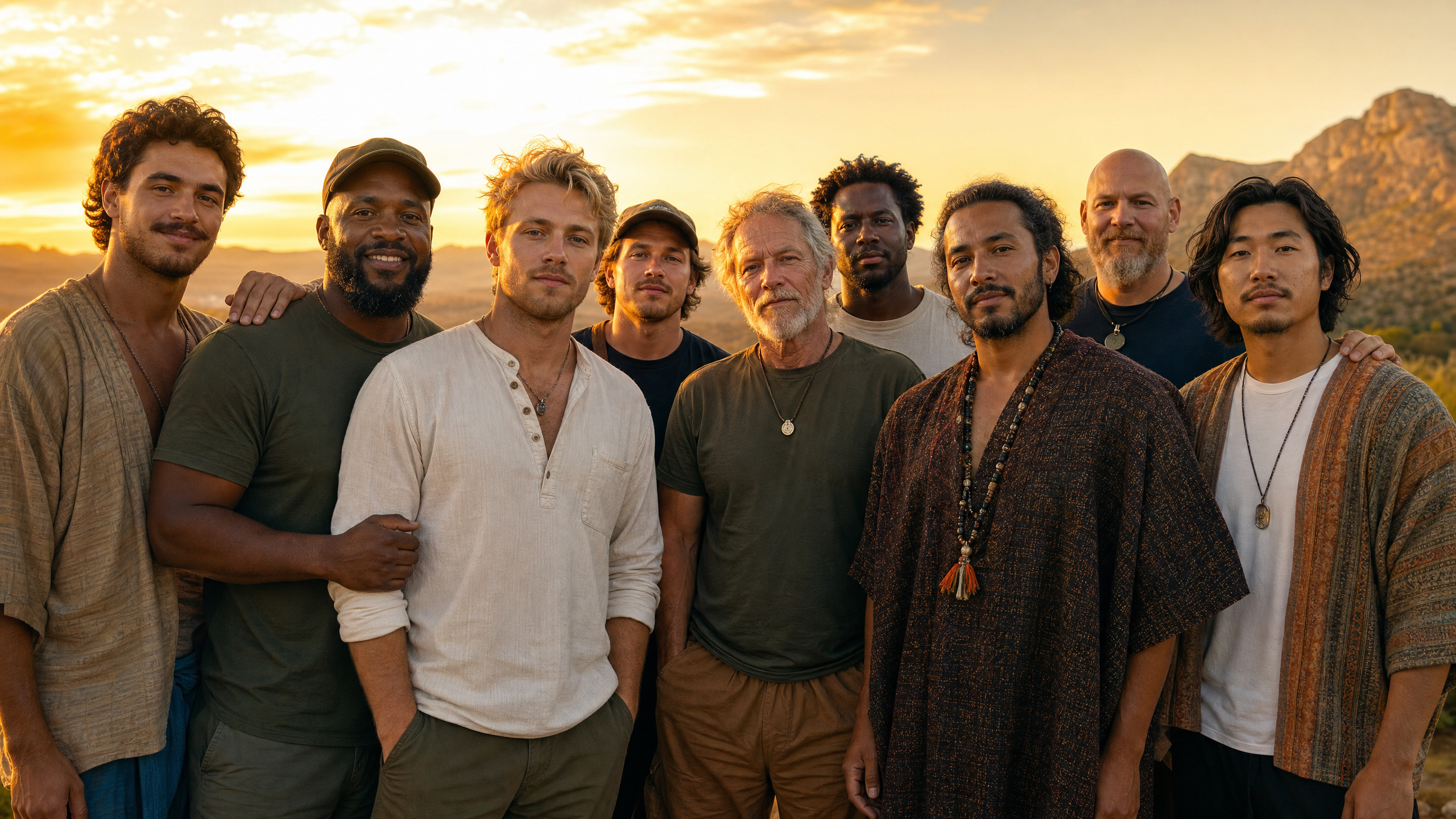 Men standing together, facing forward toward the dawn — the Billion Enough Movement